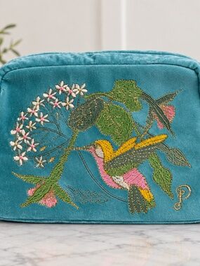 POWDER Velvet Embroidered Make Up Bag — Hummingbird, Aqua